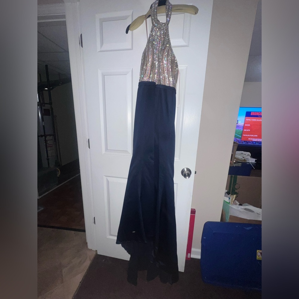Camille La Vie Iridescent Jeweled Gold and Navy Gown